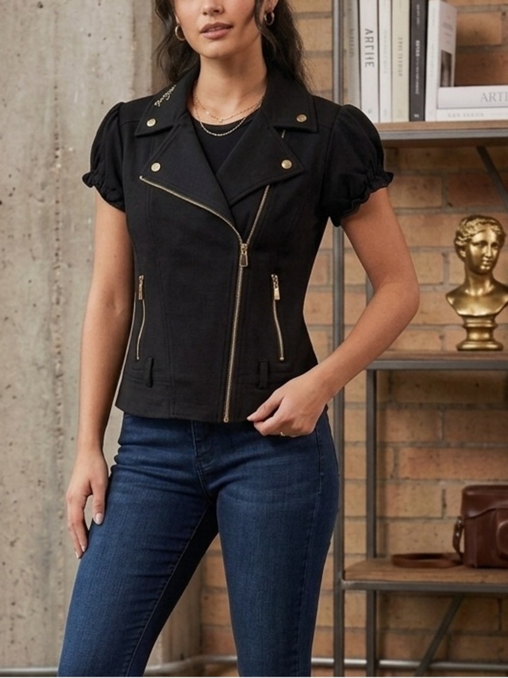 Dereon Black Short Sleeve Moto Jacket with Gold Hardware